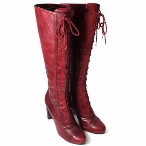 Max Studio Oxblood Leather Lace Up Victorian Knee High Boots, 8